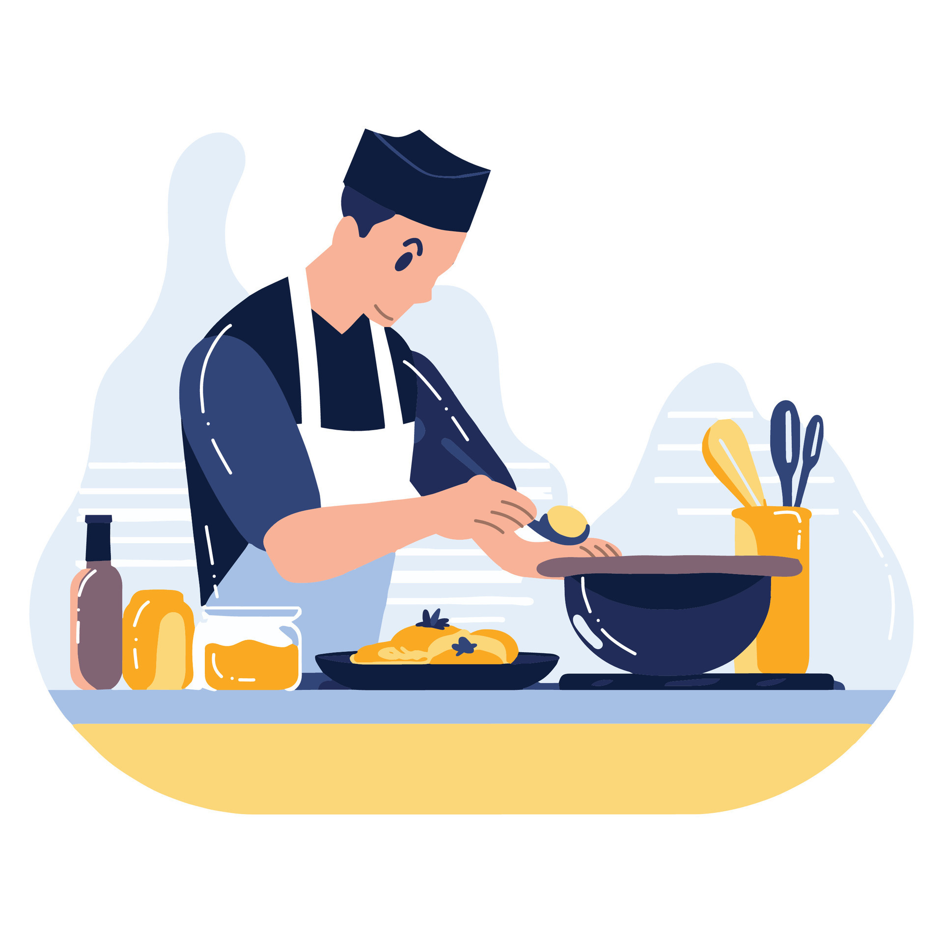 Hand Drawn chef cooking in the kitchen flat style illustration for