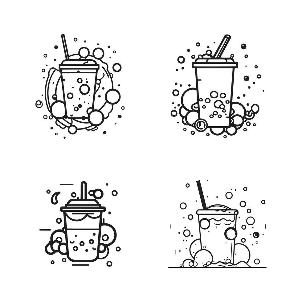 Hand Drawn vintage bubble milk tea logo in flat line art style vector