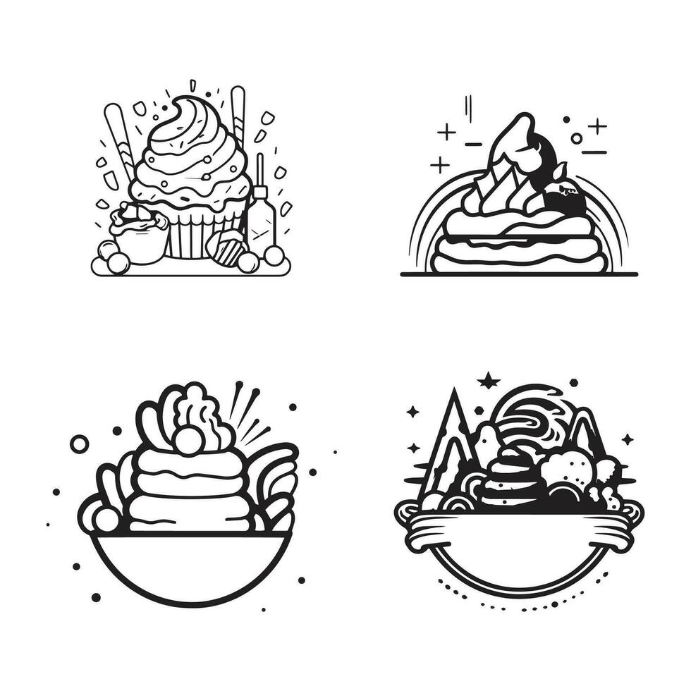 mano dibujado Clásico dulces y pasteles logo en plano línea Arte estilo vector