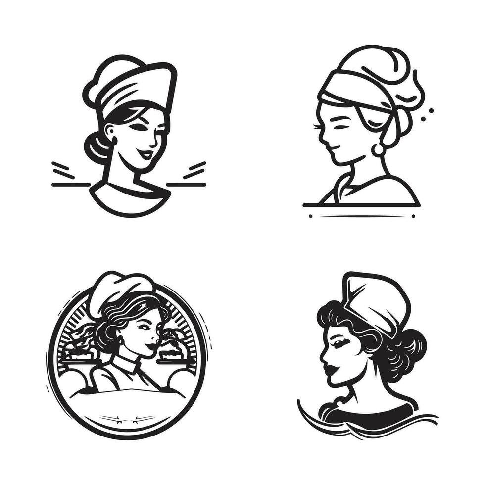 Hand Drawn vintage female chef logo in flat line art style vector