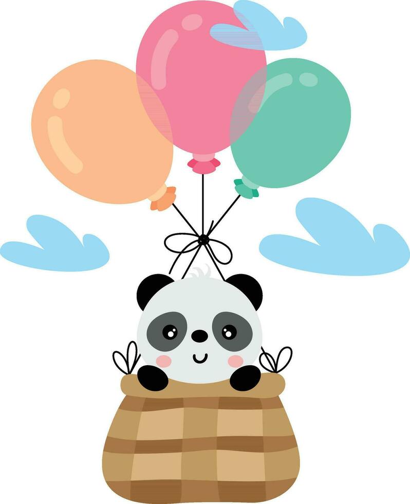 Cute panda flying in basket with balloons vector
