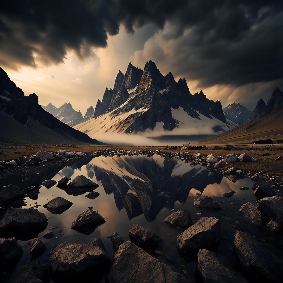 Mountain landscape with clouds and lake at sunset, photo