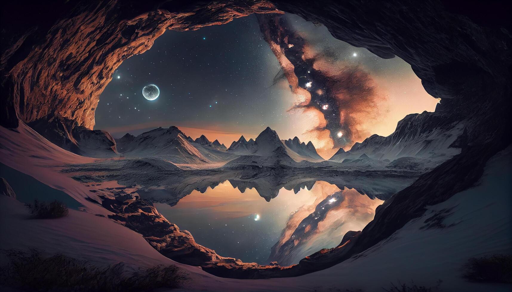 Snowy mountain peak under starry galaxy majesty , photo