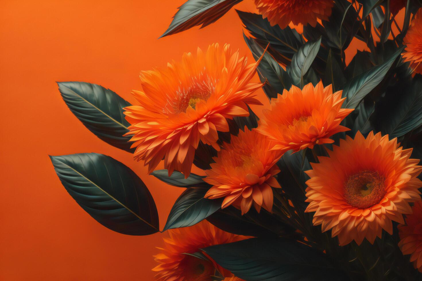 Bouquet of orange gerbera flowers on orange background. photo