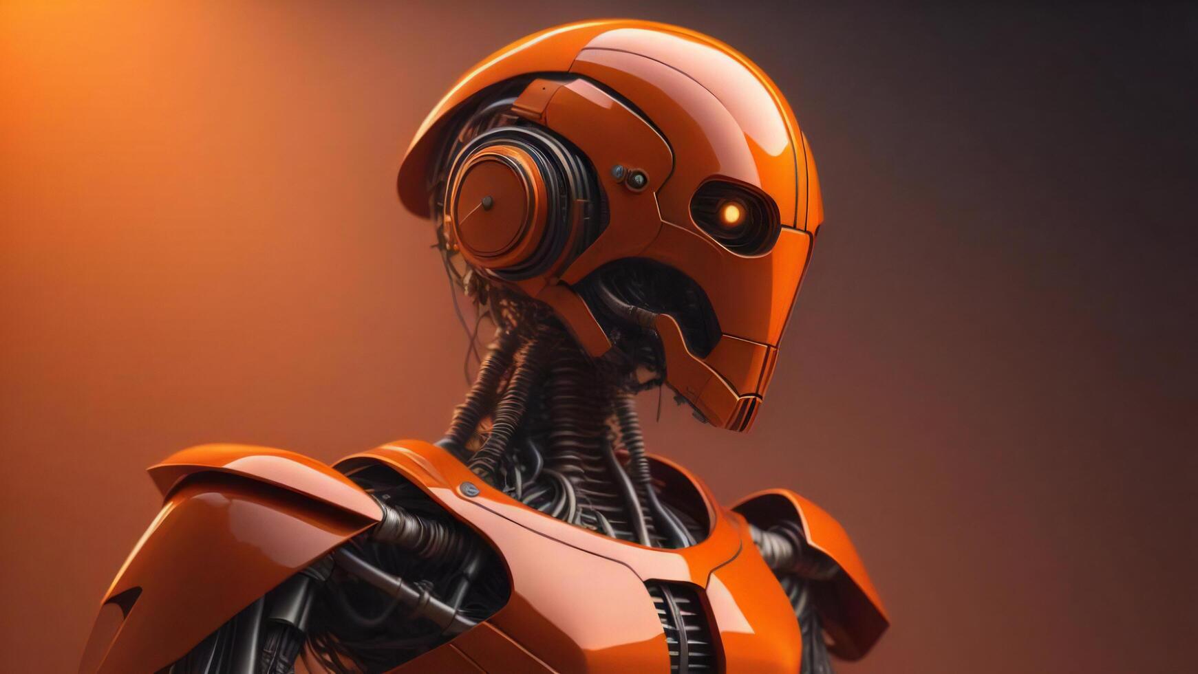 a robot with orange helmet on dark background. photo