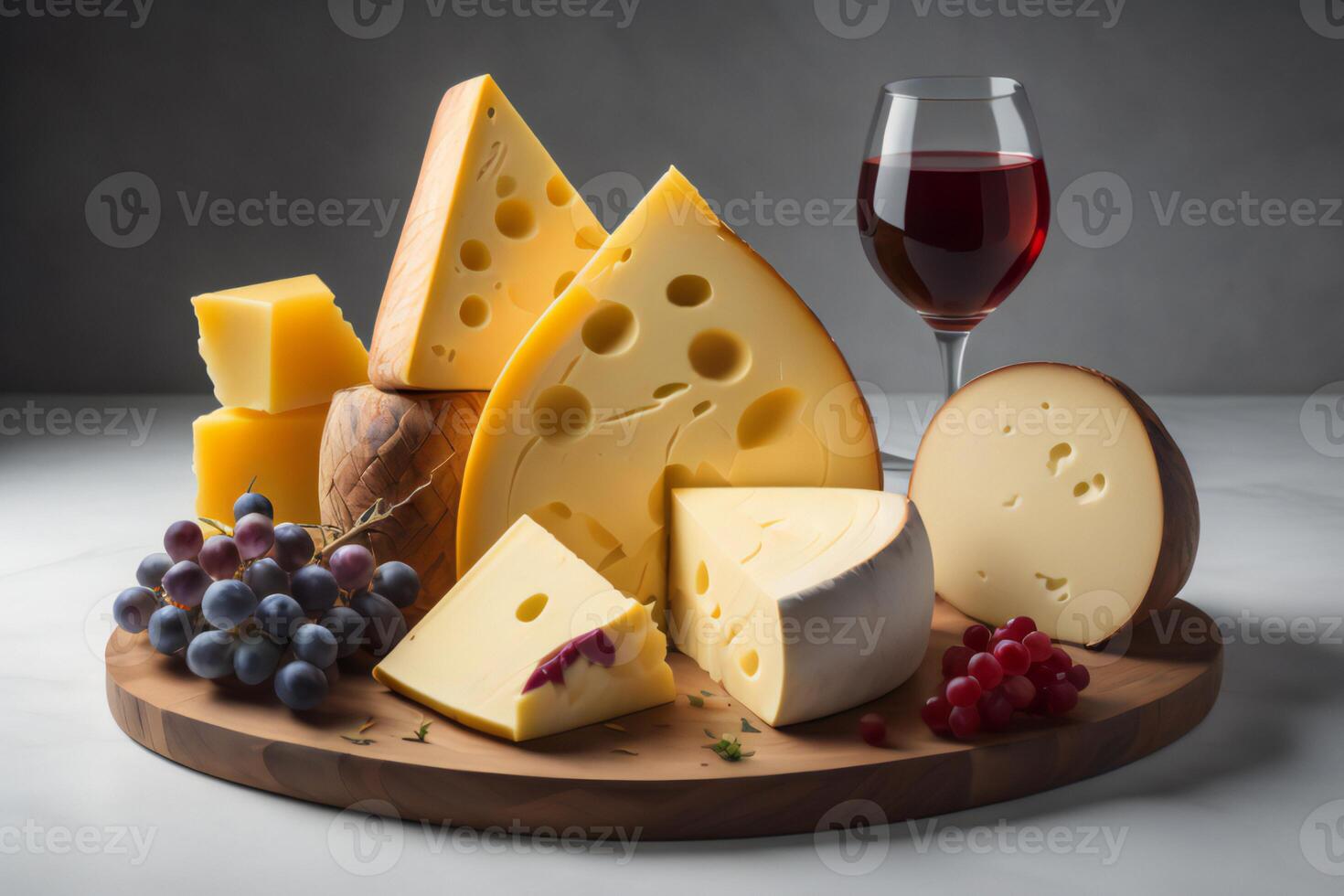 varios tipos de queso con un vaso de rojo vino en un blanco antecedentes. generativo ai foto