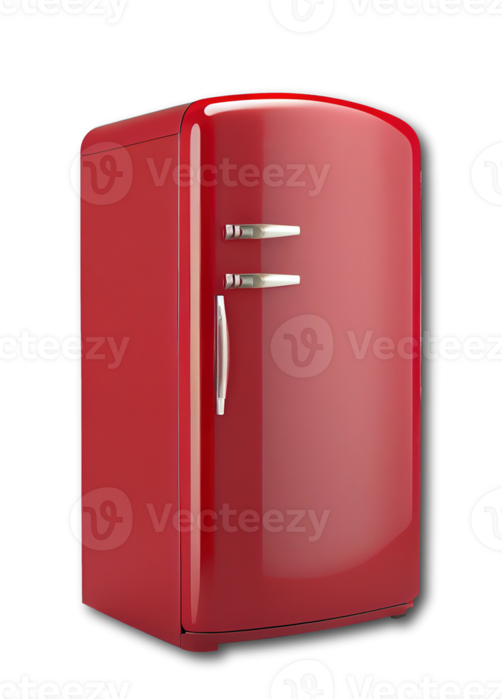 Red retro designed fridge isolated on transparent background, created with png