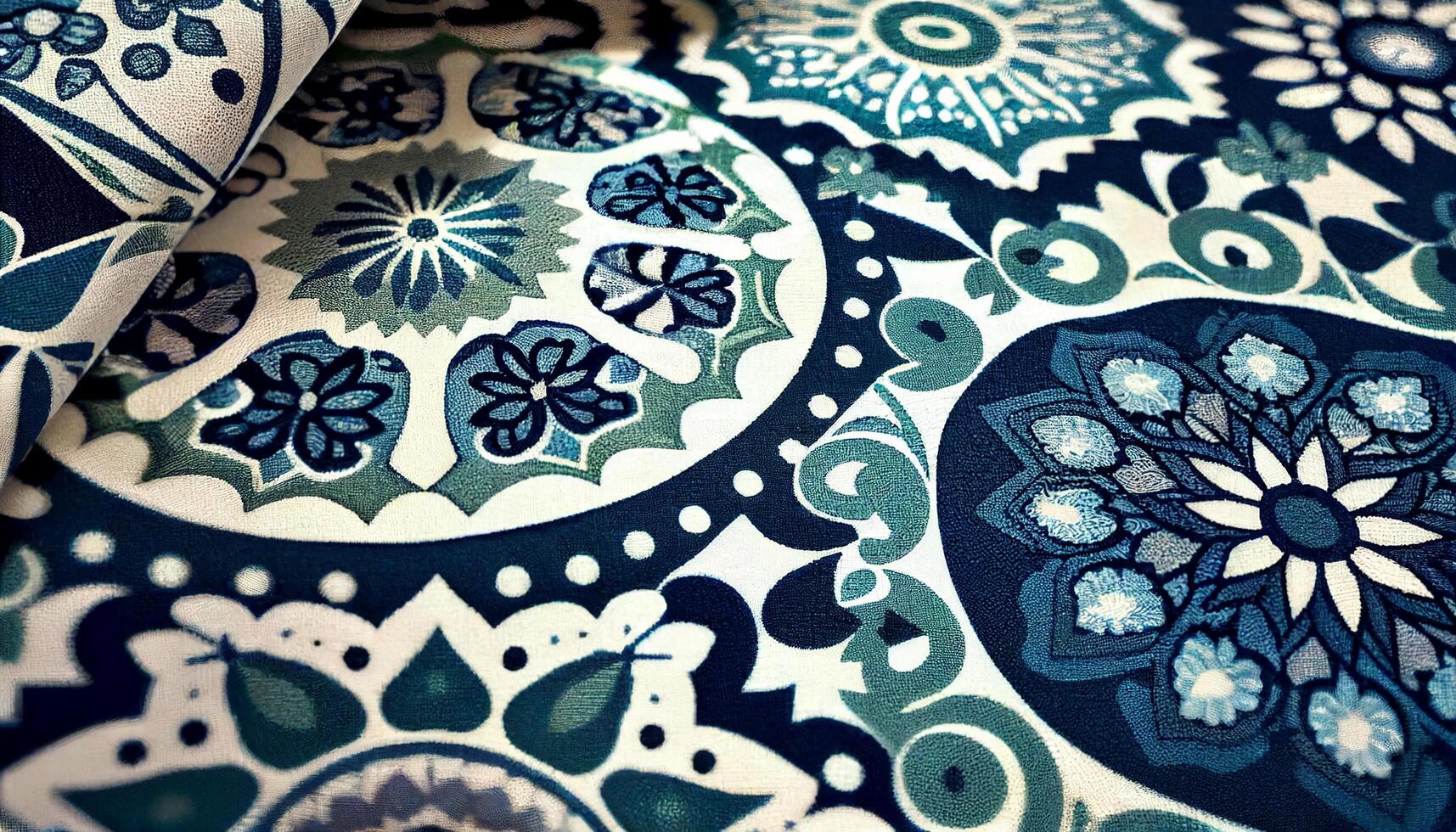 Floral and geometric shapes on blue textile design generated by AI photo