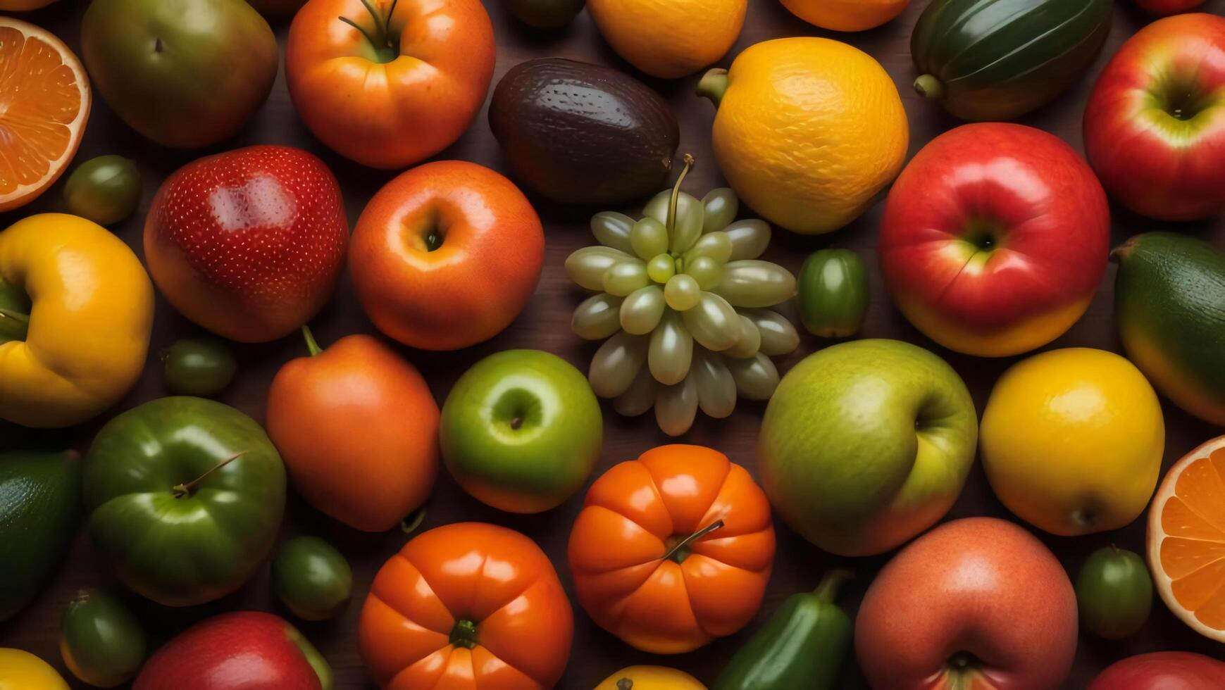 Fruits and vegetables background. Top view of different fruits and vegetables. photo