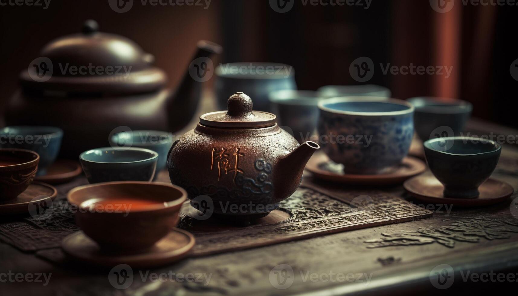 Hot tea in antique Chinese teapot set generated by AI photo