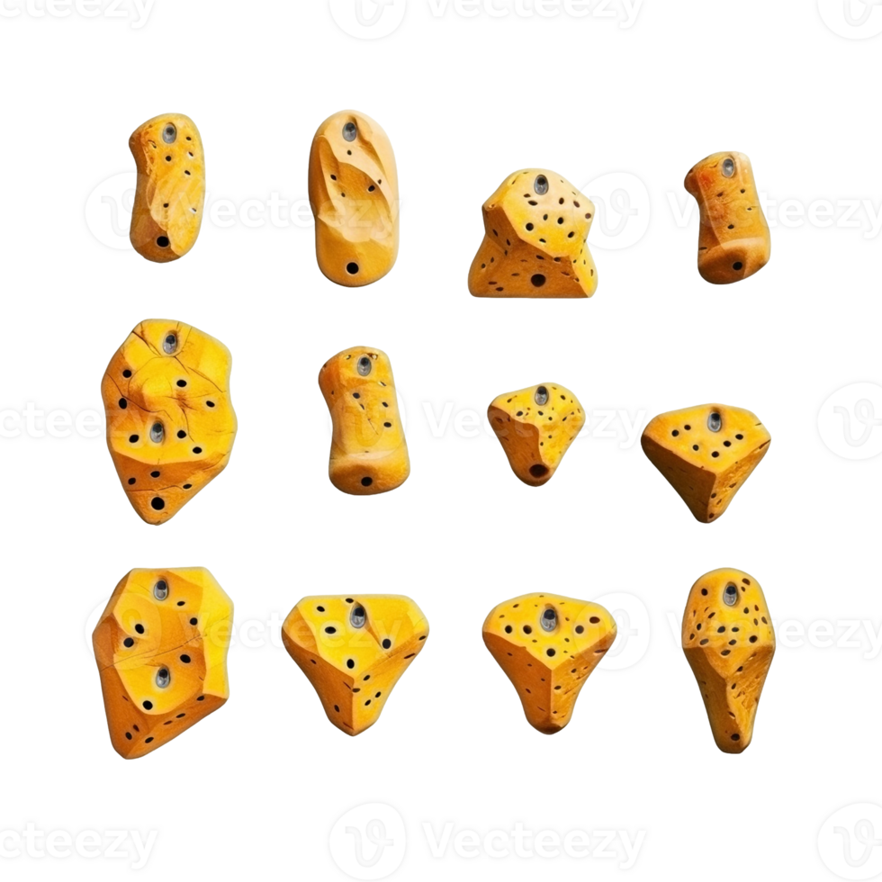 Set of yellow rock climbing holds isolated on transparent background, created with png