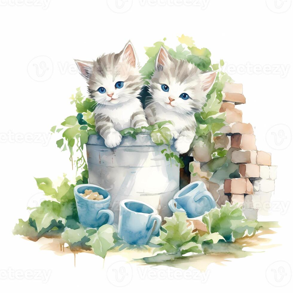 Watercolor kittens in the bucket at the garden Illustration photo