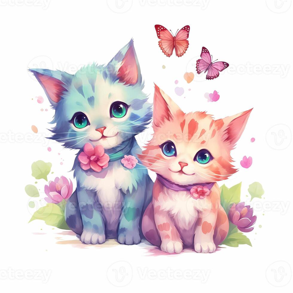 watercolor kittens playing in the garden with butterfly Illustration photo