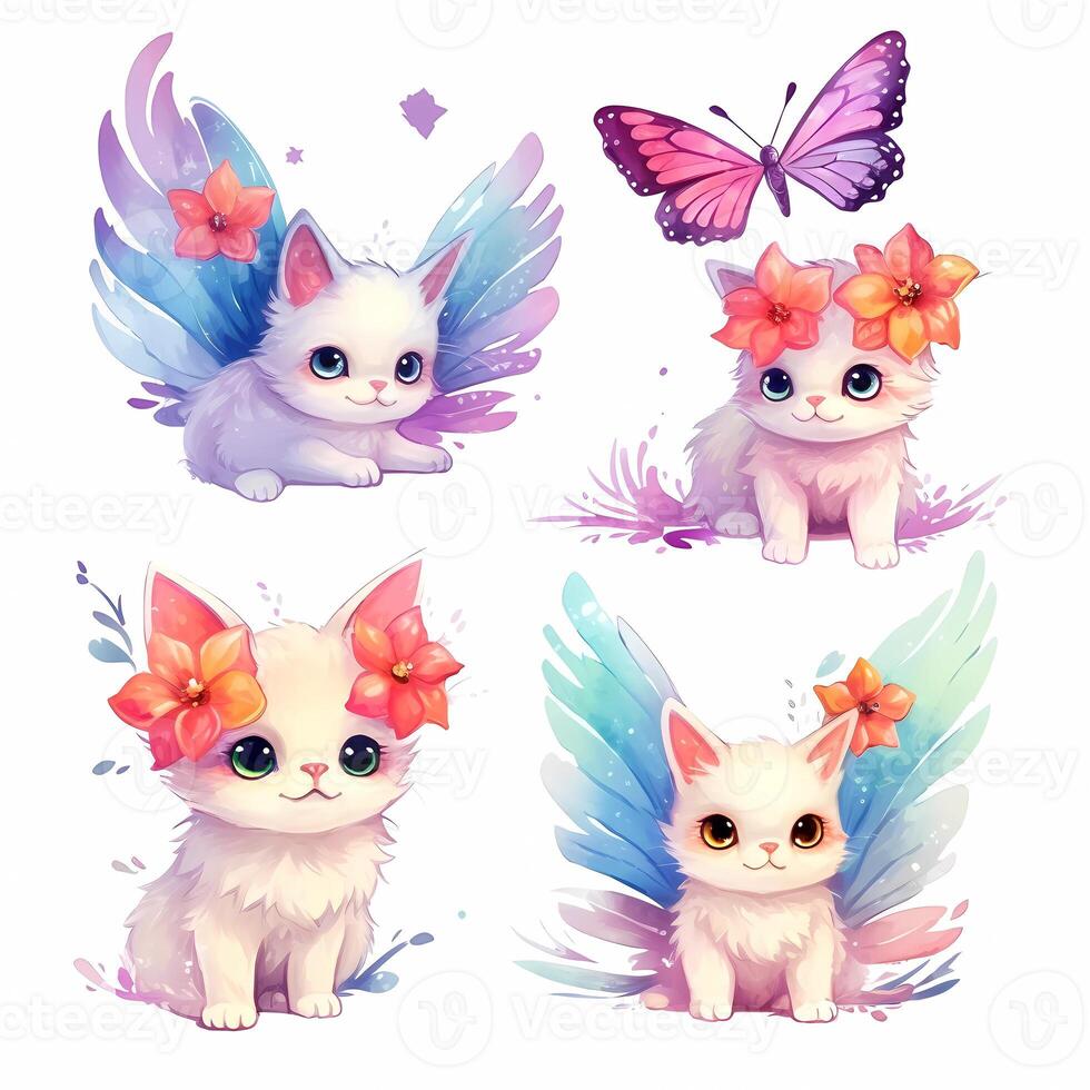 Cute Angel Cats with colorful wings sets Illustration photo