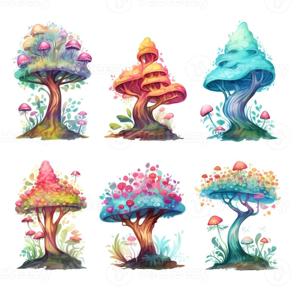 set of Colorful Fantasy Mushroom Tree elements Collection Illustration photo