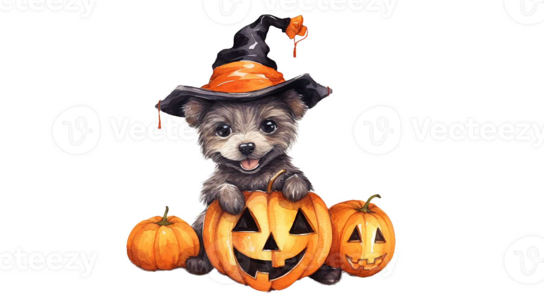 Happy Dog with pumpkin in Halloween Style, watercolor illustration, Transparent File, - Artwork png