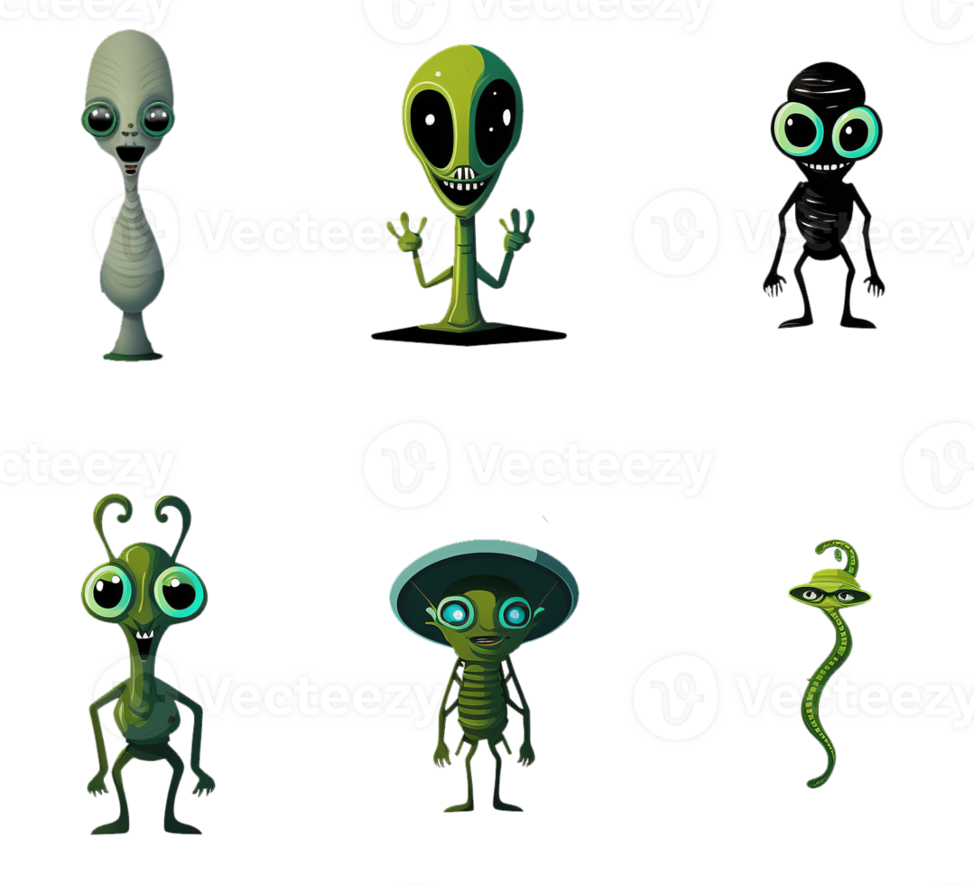 6 Cute Alien Clipart in Cartoon style Transparent Background, PNG file - AI Generative Artwork