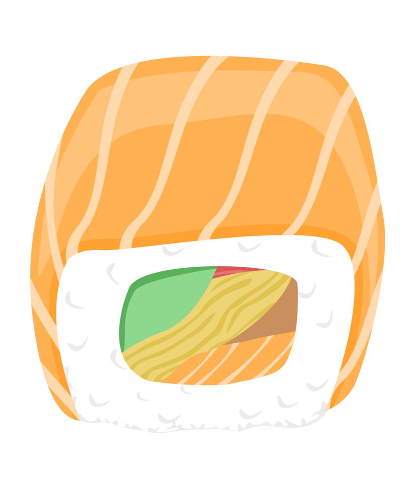 lax sushi rullar japansk mat. bit fisk tonfisk lax med ris. friska fett skaldjur, omega 3 mat. tecknad serie illustration png