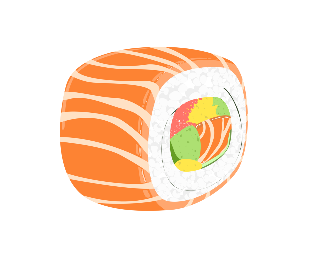 Salmon sushi rolls japanese food. piece fish tuna salmon with rice. Healthy fat seafood, omega 3 food. Cartoon illustration png