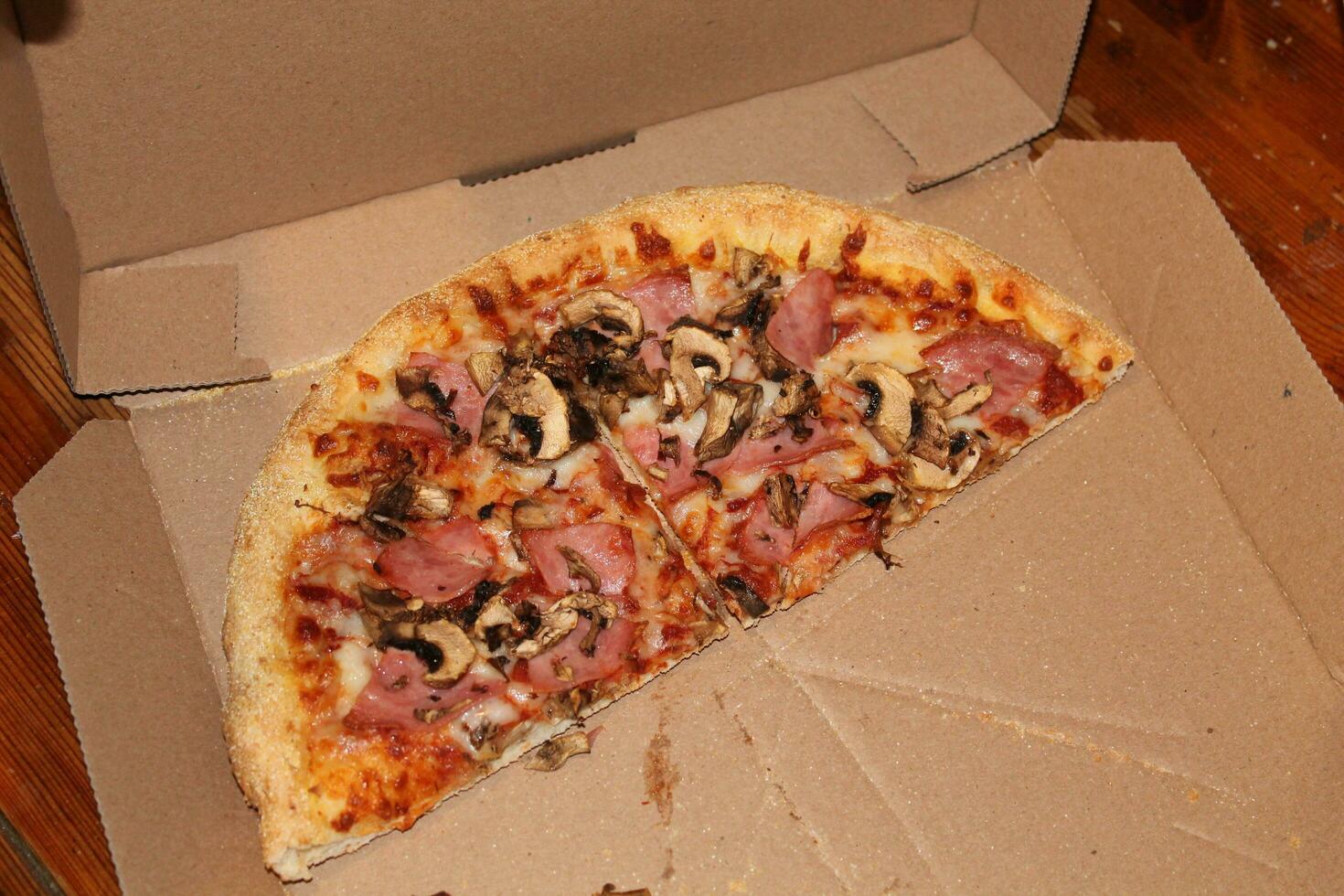 Pizza with bacon, cheese and mushrooms photo