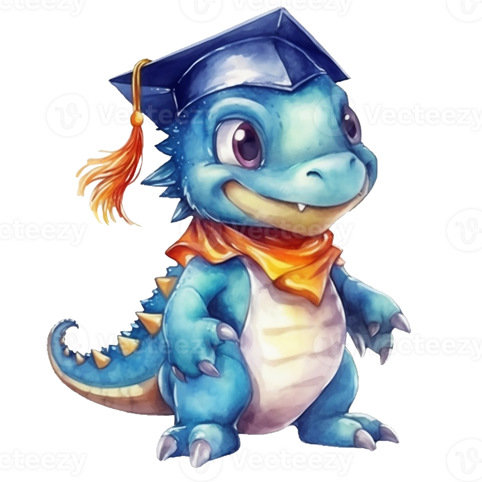 Cute baby dinosaur with graduation cap. Watercolor illustration, png
