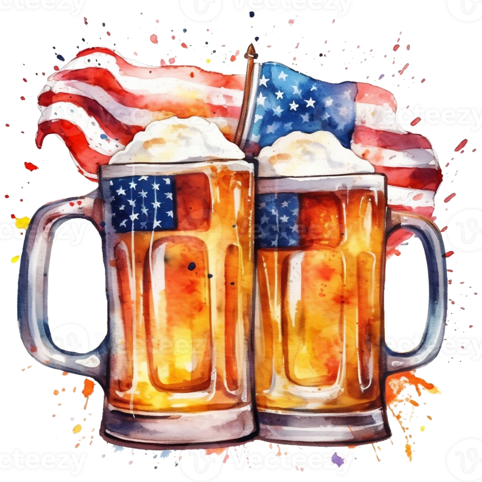 Two mugs of beer with American flag. Watercolor hand drawn illustration AI Generative png