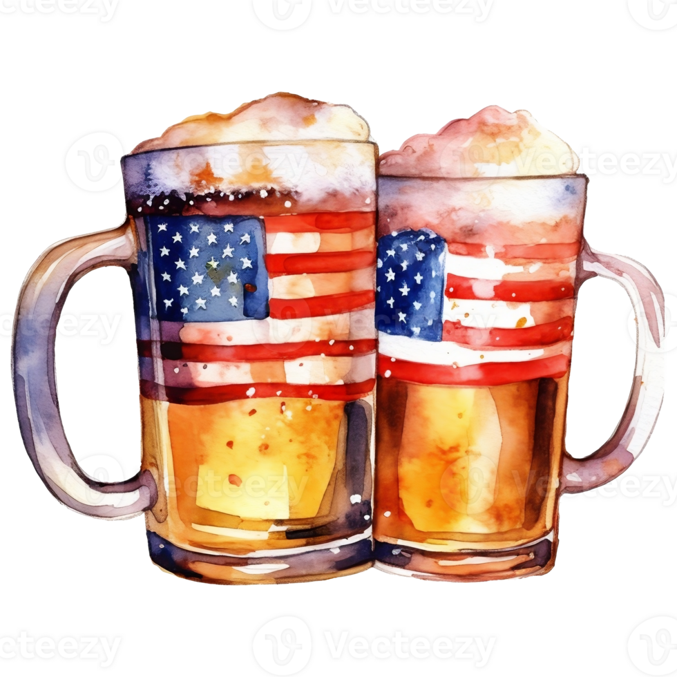 Two mugs of beer with American flag. Watercolor hand drawn illustration AI Generative png
