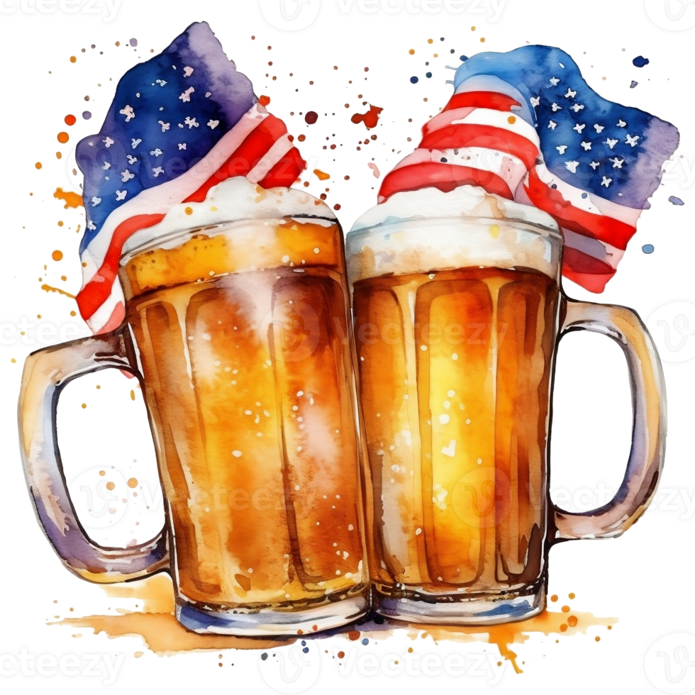 deux des tasses de Bière avec américain drapeau. aquarelle main tiré illustration ai génératif png