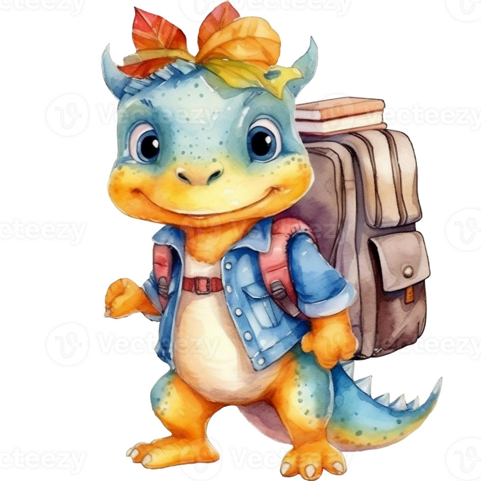 Cute cartoon dinosaur with backpack, Watercolor illustration png