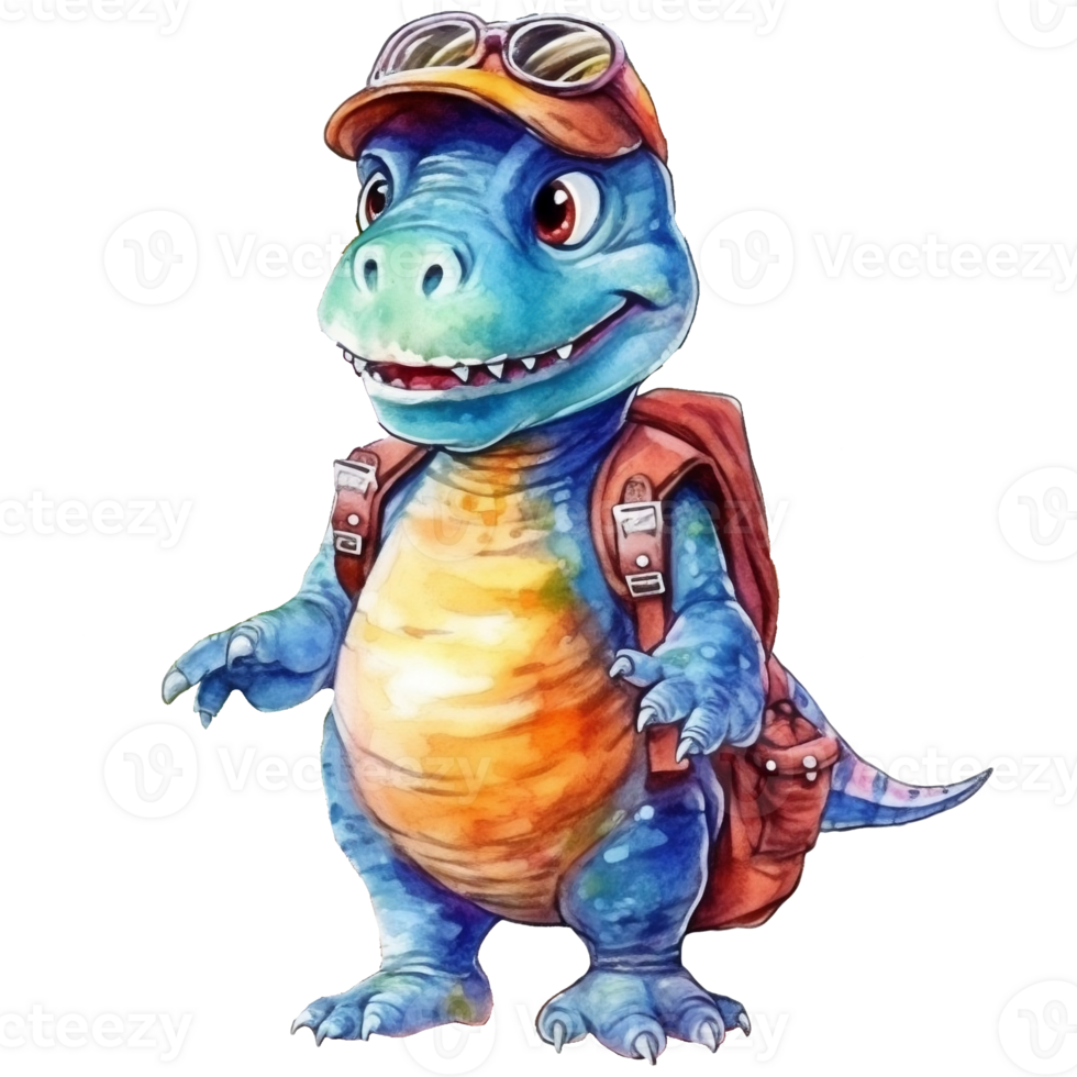 Cute cartoon dinosaur with backpack, Watercolor illustration png