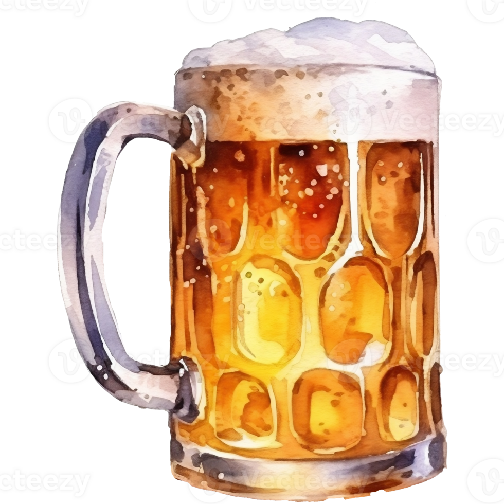 Beer mug with foam watercolor hand drawn illustration png