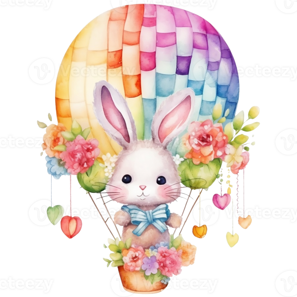 Cute watercolor illustration of a cute bunny in a hot air balloon, AI Generative png