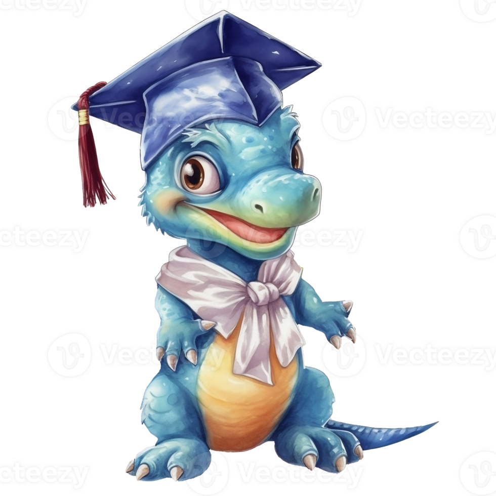 Cute baby dinosaur with graduation cap. Watercolor illustration, png