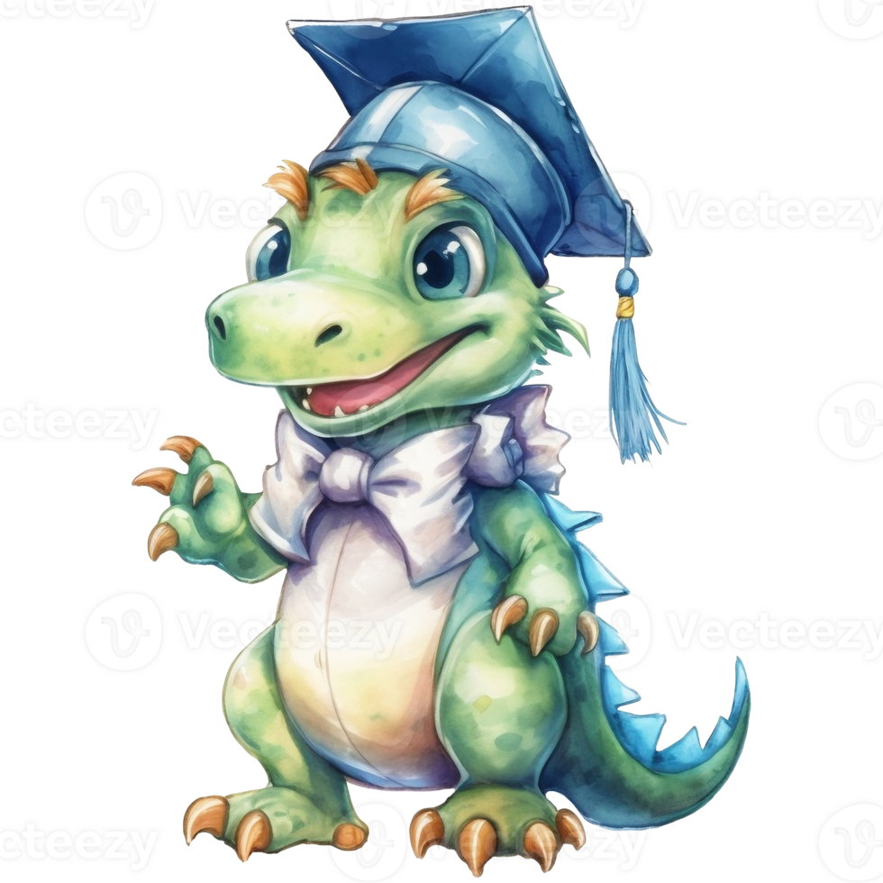 linda bebé dinosaurio con graduación gorra. acuarela ilustración, ai generativo png