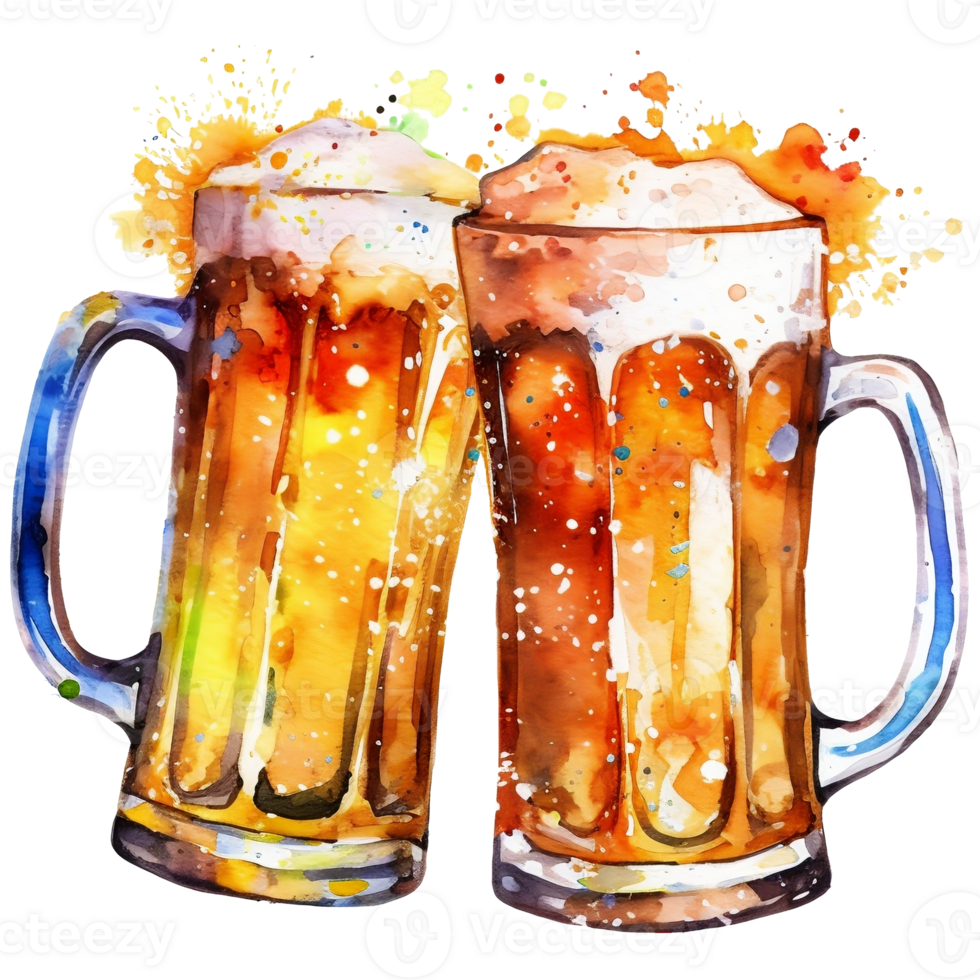 Two mugs of beer with watercolor splashes illustration AI Generative png