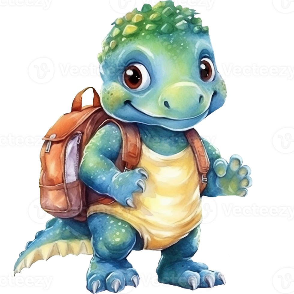 söt tecknad serie dinosaurie med ryggsäck, vattenfärg illustration ai generativ png