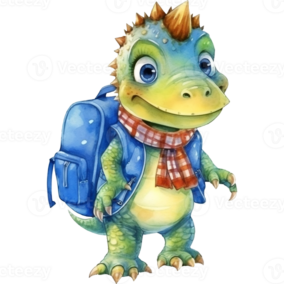 fofa desenho animado dinossauro com mochila, aguarela ilustração ai generativo png