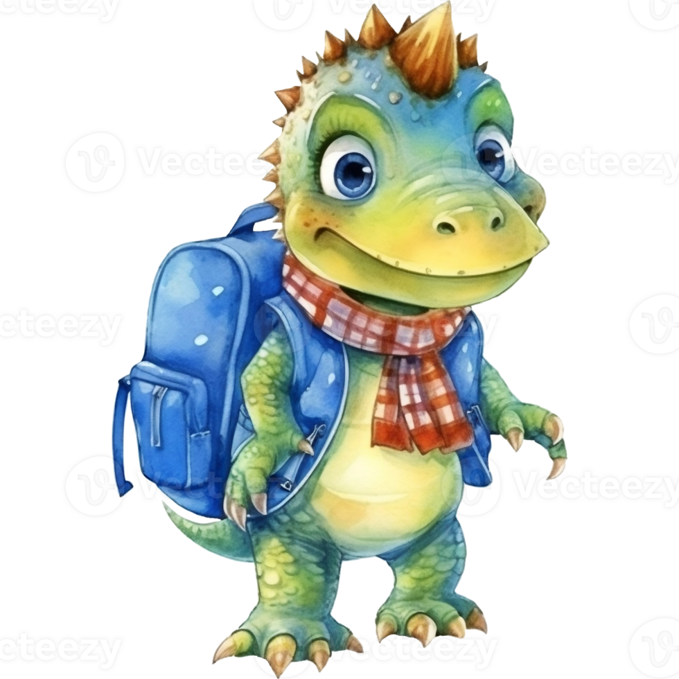 Cute cartoon dinosaur with backpack, Watercolor illustration png