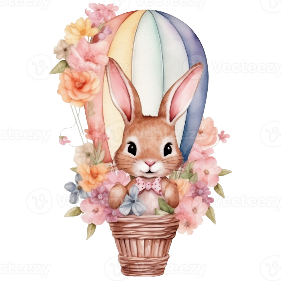 Cute watercolor illustration of a cute bunny in a hot air balloon, AI Generative png