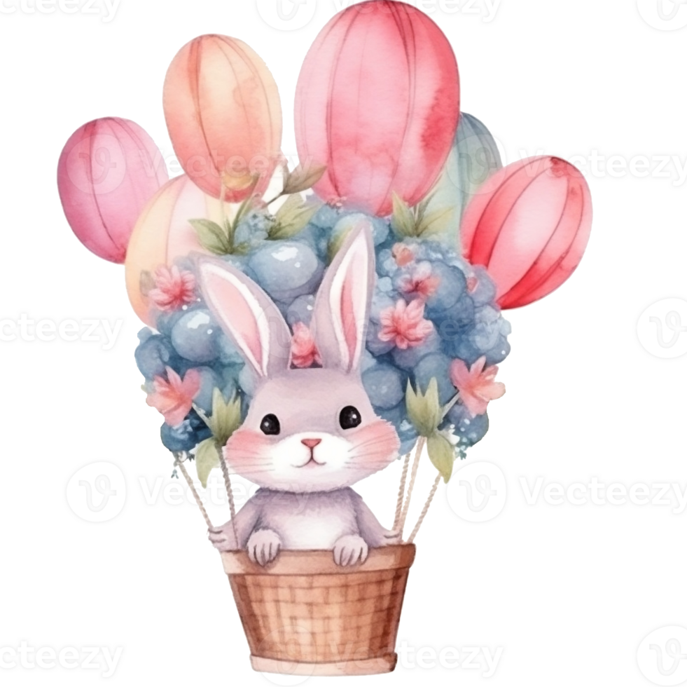 Cute watercolor illustration of a cute bunny in a hot air balloon, AI Generative png