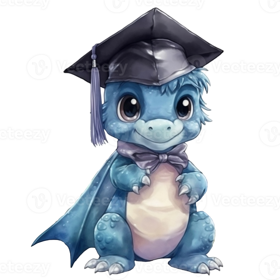 Cute baby dinosaur with graduation cap. Watercolor illustration, AI Generative png