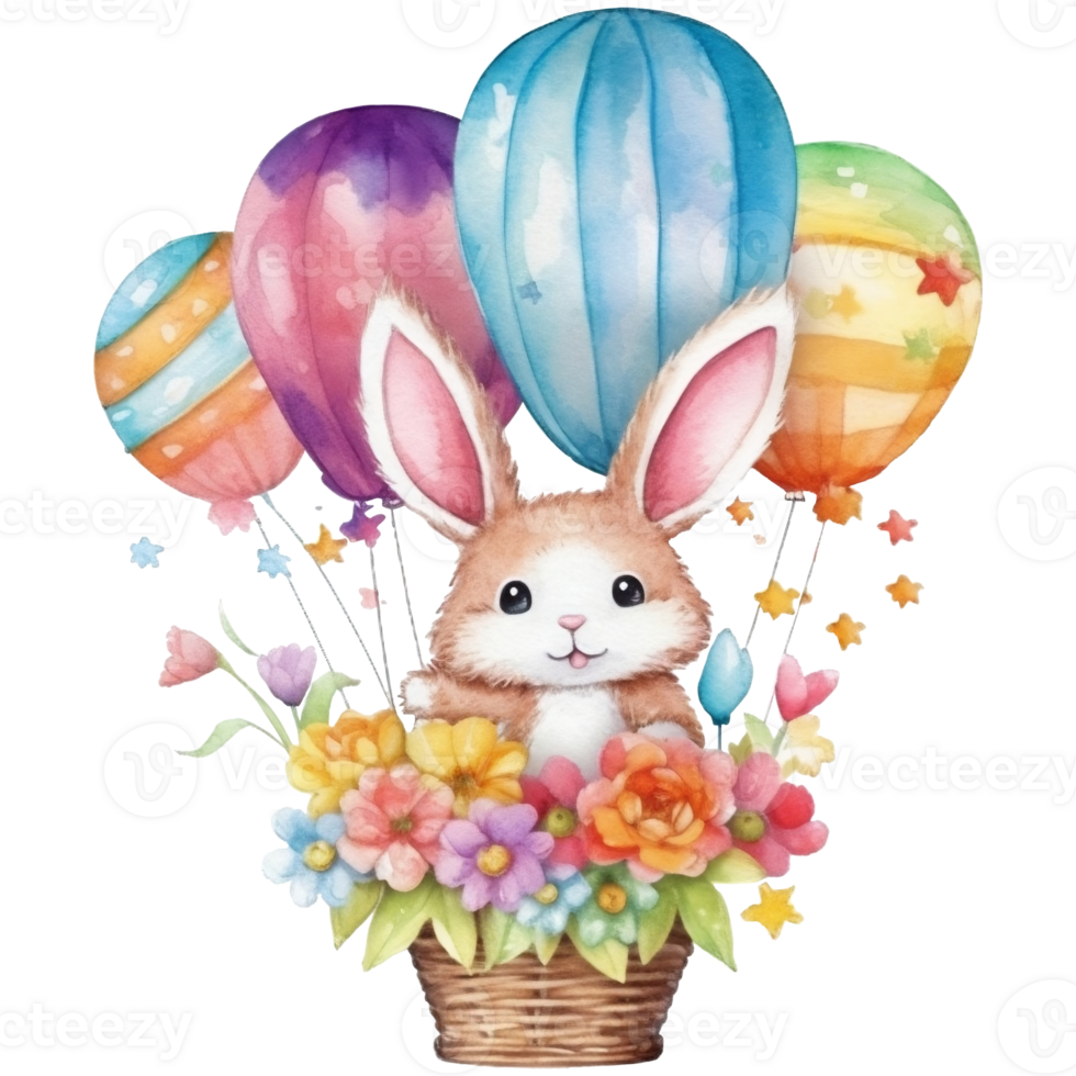 Cute watercolor illustration of a cute bunny in a hot air balloon, AI Generative png