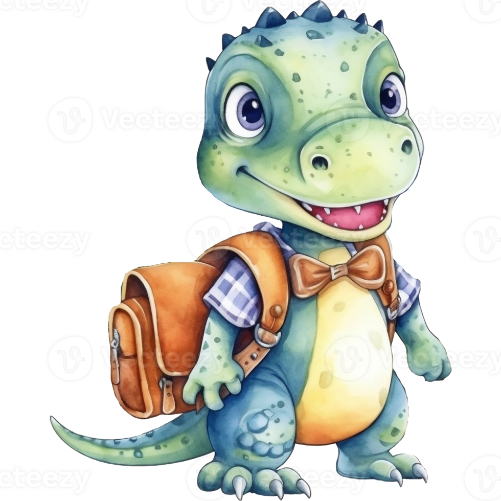 Cute cartoon dinosaur with backpack, Watercolor illustration png