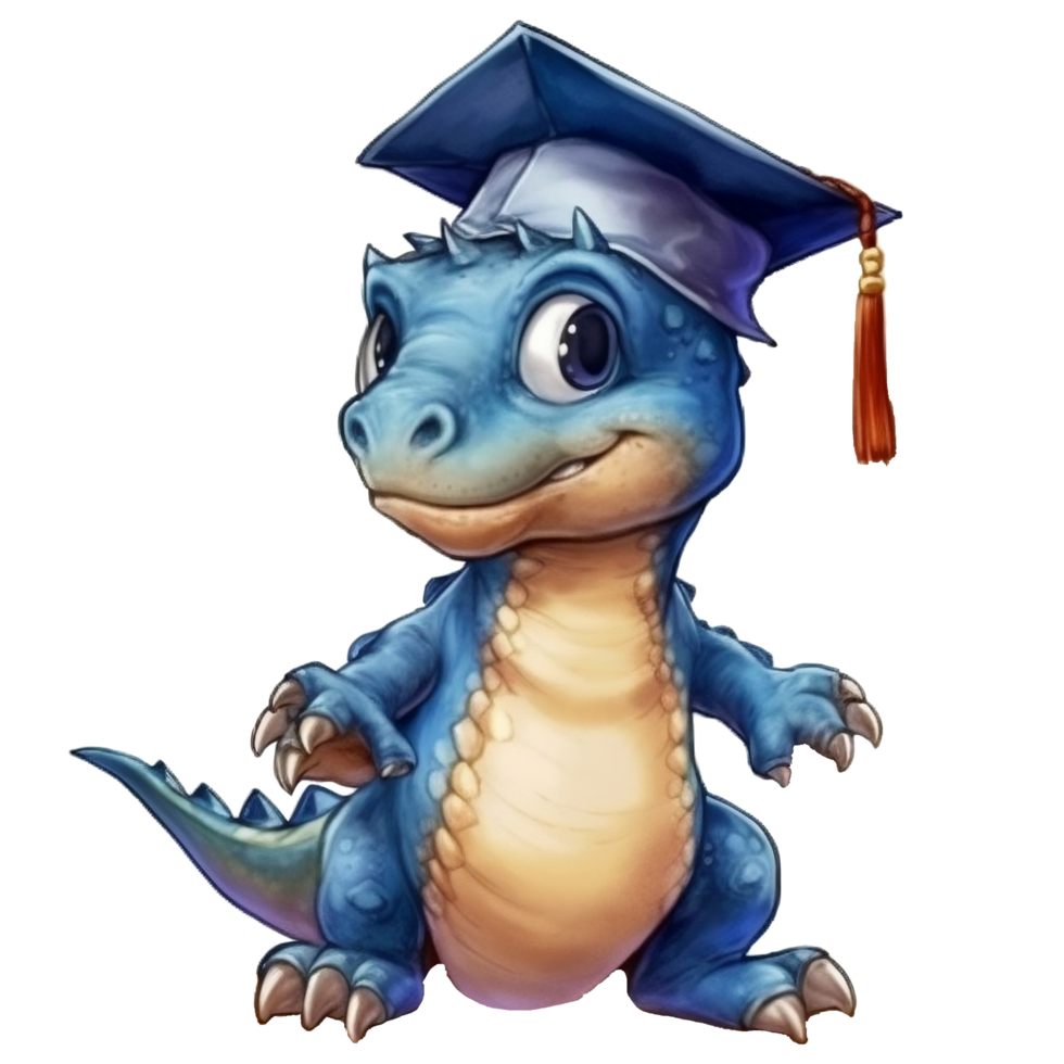 Cute baby dinosaur with graduation cap. Watercolor illustration, png
