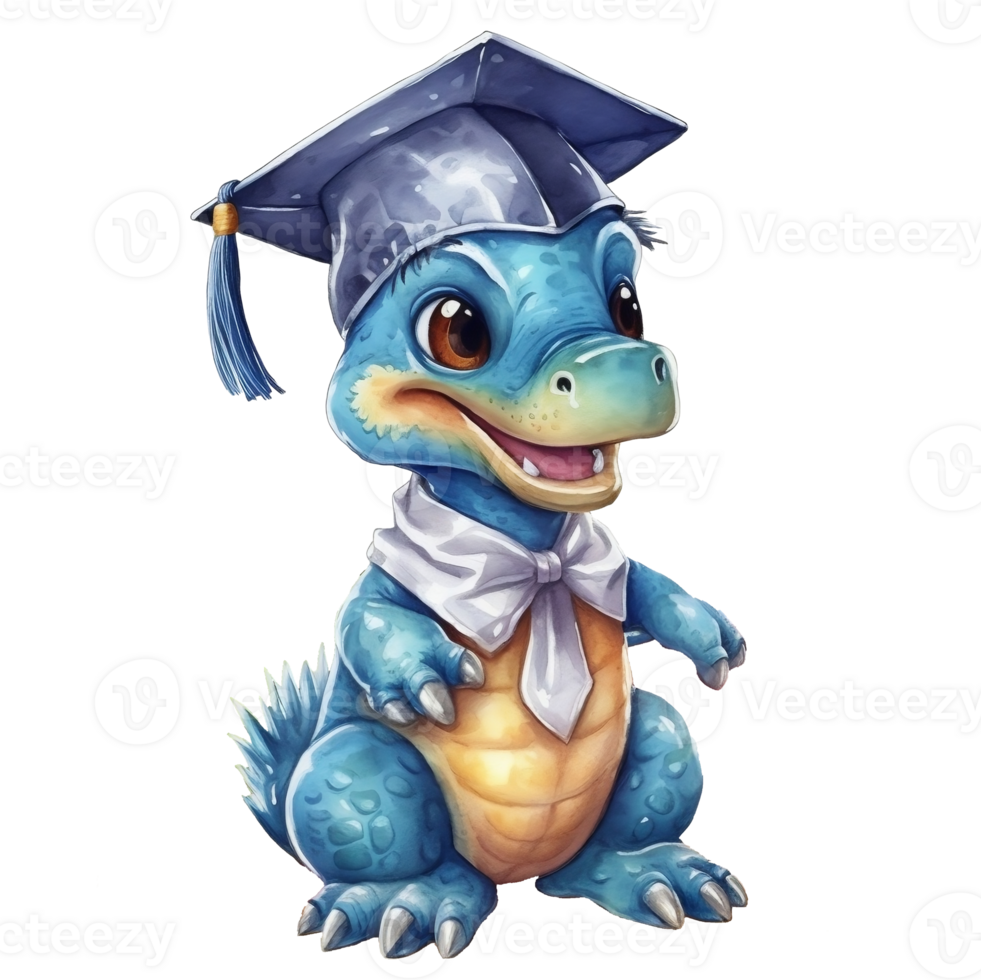 Cute baby dinosaur with graduation cap. Watercolor illustration, png