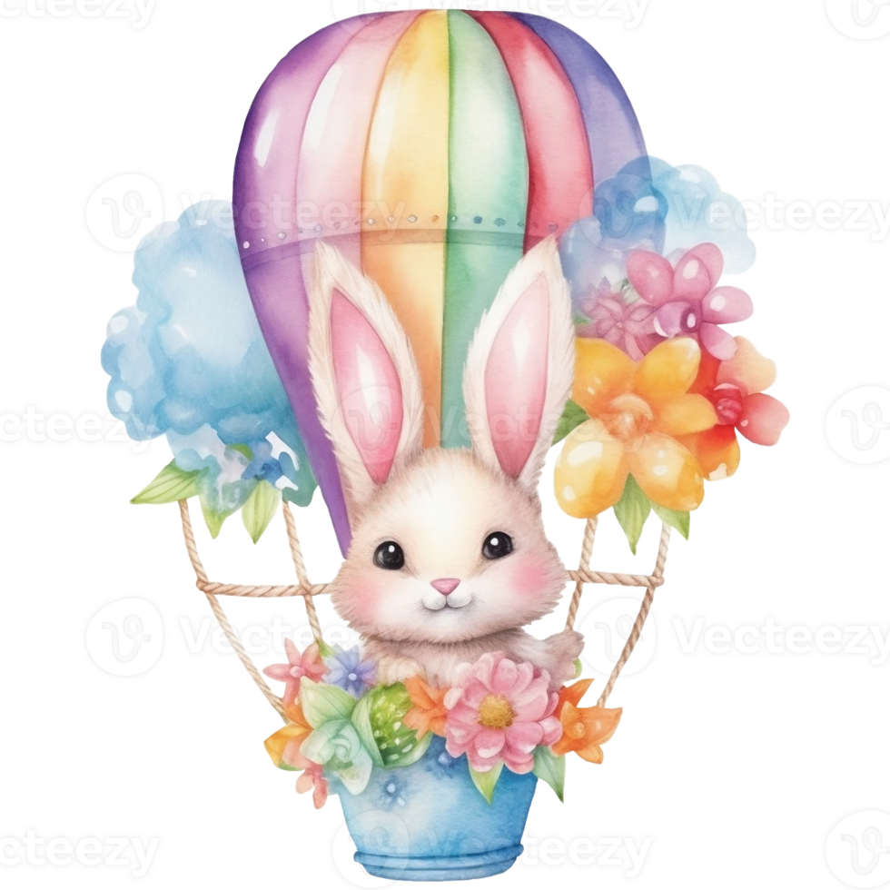 Cute watercolor illustration of a cute bunny in a hot air balloon, AI Generative png