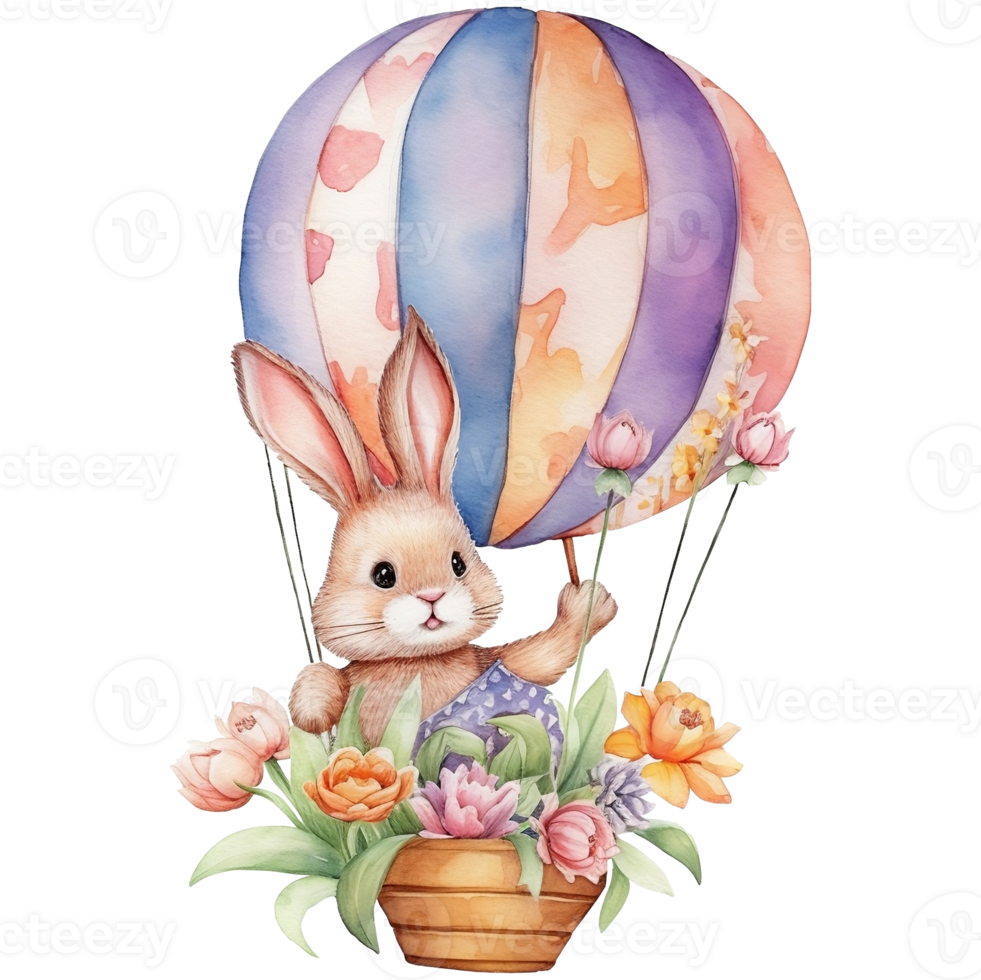 Cute watercolor illustration of a cute bunny in a hot air balloon, AI Generative png