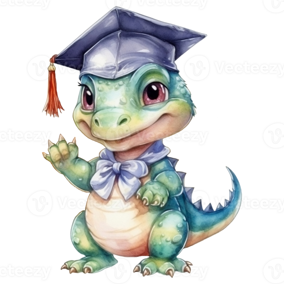 Cute baby dinosaur with graduation cap. Watercolor illustration, png