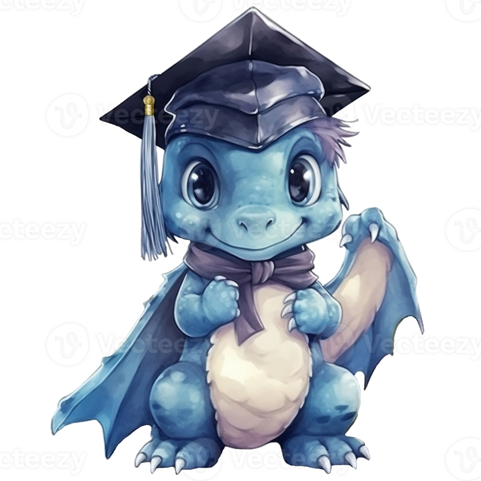 Cute baby dinosaur with graduation cap. Watercolor illustration, AI Generative png