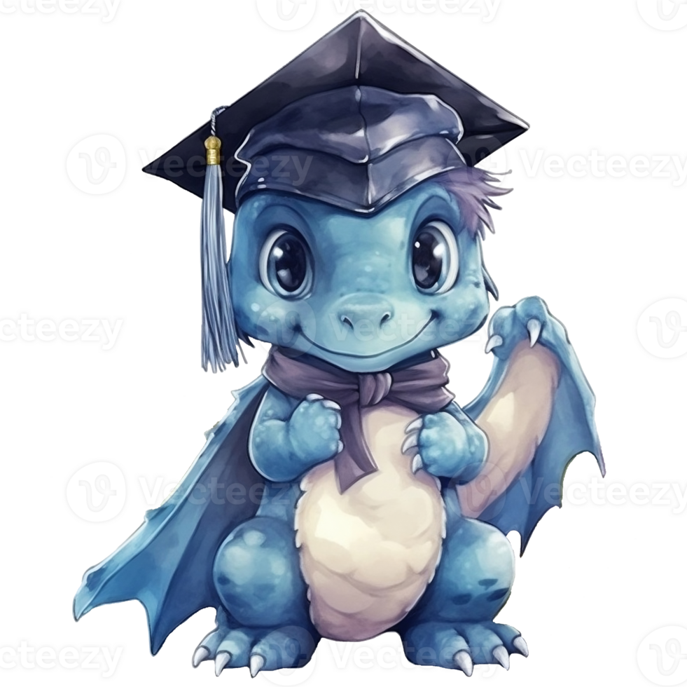 Cute baby dinosaur with graduation cap. Watercolor illustration, png